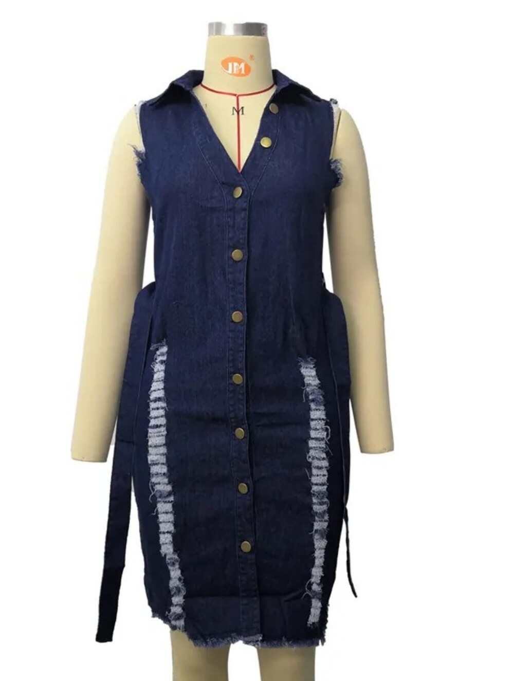 American Bazi Dark Blue Distressed Button-Front Denim Dress